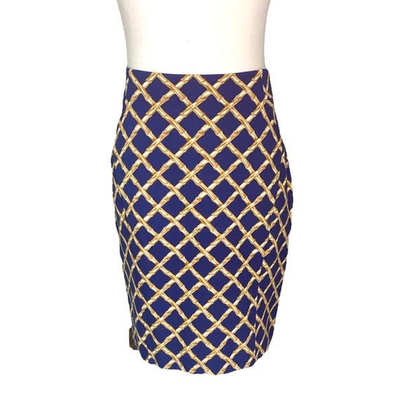J. McLaughlin Navy Blue & Tan Bamboo Trellis Pencil Skirt - 2 - Picture 1 of 11
